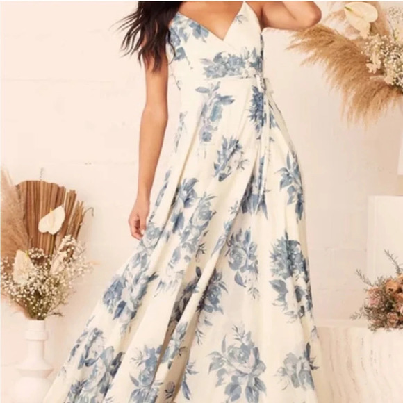 Lulus Dresses & Skirts - NWT Lulus Elegantly Inclined Cream & Blue Floral Print Wrap Maxi Dress Sz Medium